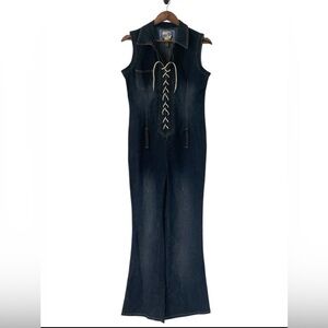Yada‎ Yada Vintage Denim Jumpsuit Y2K flare leg western bohemian lace up size L